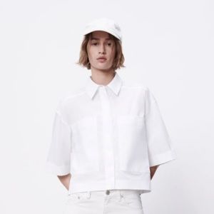 Zara White Short Sleeve Cropped Poplin Shirt w Pockets